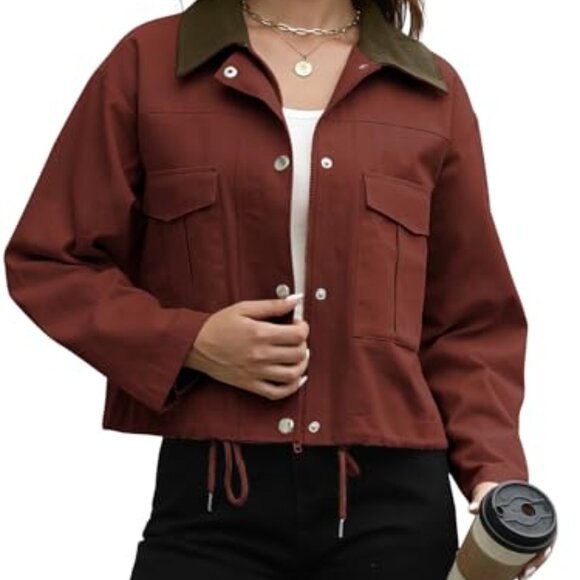 Cropped Utility Jacket Lightweight Oversized Zip Up Drawstring Casual Chic - Picture 6 of 8